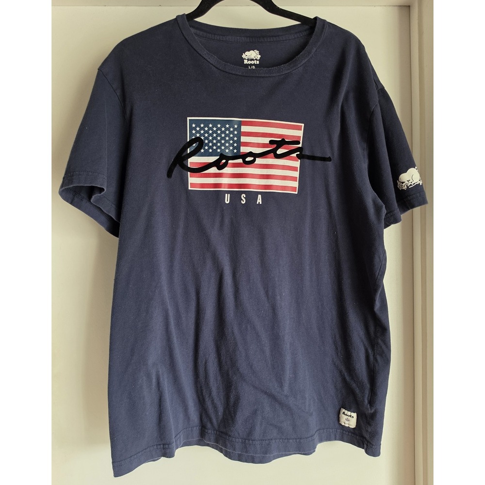 Roots Navy Graphic T-Shirt Size L Unisex Cotton Crew Neck Casual Tee Top
